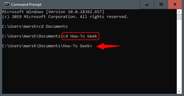 Perintah "cd How-To Geek" di Command Prompt.