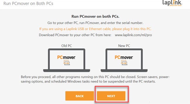 PCMover dengan kotak di sekitar tombol Next.