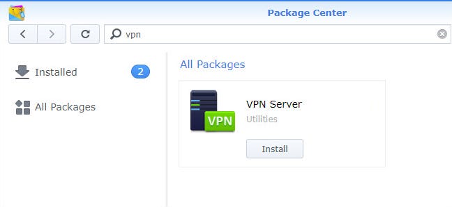 Pusat Paket dengan pemasangan Server VPN ditampilkan.