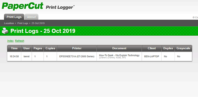 Contoh log cetak dalam halaman admin PaperCut Print Logger