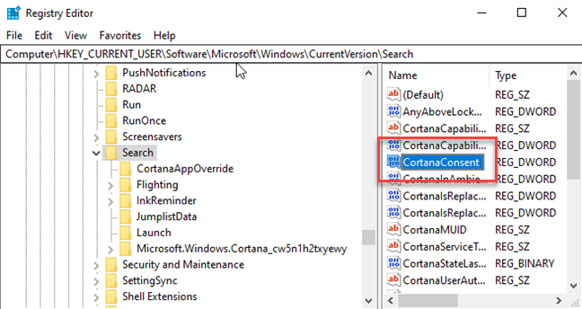 Editor registri dengan kotak di sekitar CortanaConsent DWORD.