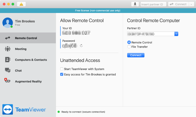 Menu "Remote Control" TeamViewer di Mac. 