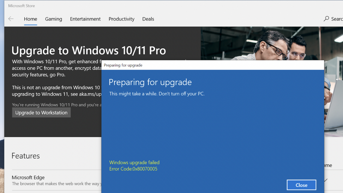 Kode kesalahan 0x80070005 saat memutakhirkan ke Windows 10 Pro.