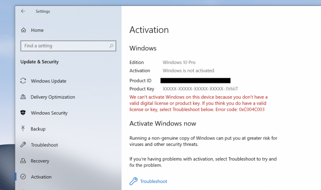 Layar Aktivasi Windows 10 mengatakan Windows tidak diaktifkan.