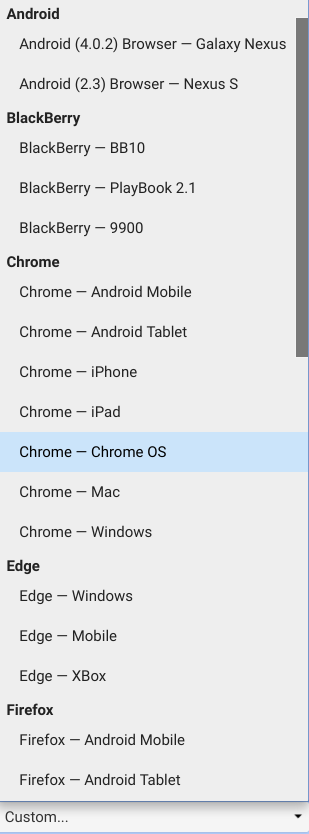 Daftar pilihan semua agen pengguna yang telah dikonfigurasi sebelumnya di Chrome.