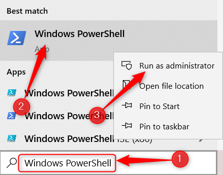 Cari Windows PowerShell, klik kanan aplikasi, lalu klik Jalankan sebagai Admin.