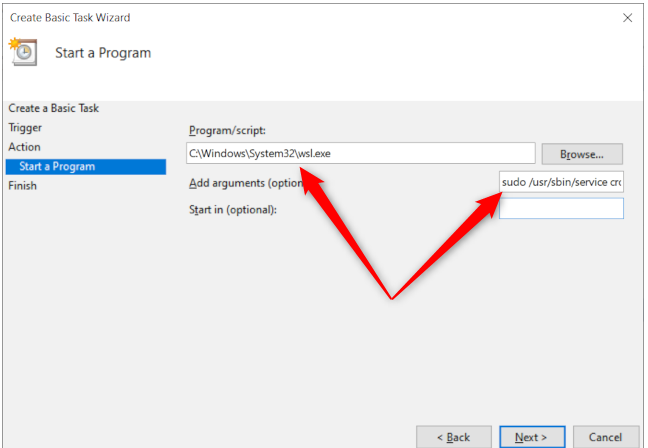 Opsi program Windows 10 Task Scheduler dengan panah merah menunjuk ke jalur program dan kotak entri teks argumen tambahan.