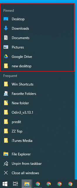 Daftar lompatan bilah tugas di Windows File Explorer.