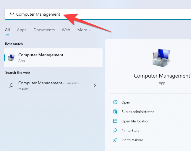 Klik Mulai, ketik "Manajemen Komputer" di Pencarian Windows, dan tekan Enter.