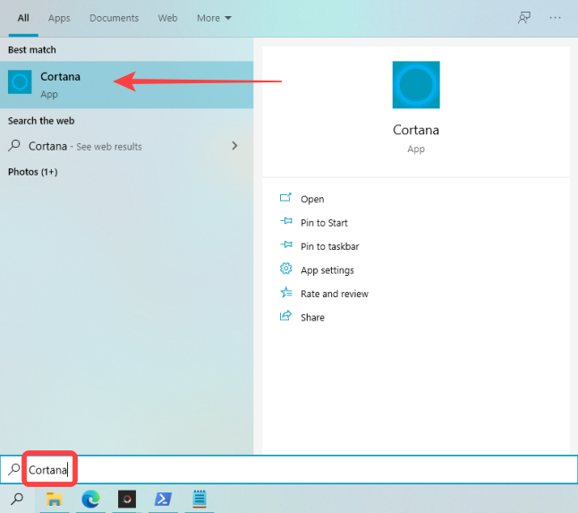Klik Mulai, ketik "Cortana" di Pencarian Windows dan tekan Enter.