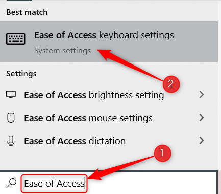 Ketik "Kemudahan Akses" di bilah Pencarian Windows dan klik opsi "Kemudahan Akses" di hasil pencarian.