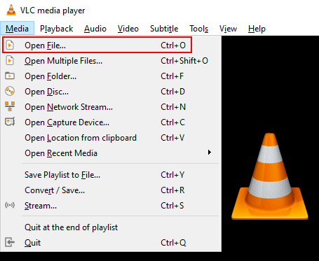 Di VLC, klik Media, lalu Buka File untuk membuka file media Anda