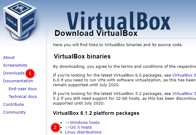 Klik "Unduhan" dan "Host OS X" di situs web VirtualBox.