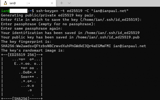 Baris perintah WSL Ubuntu menunjukkan proses pembuatan kunci SSH yang hampir sama dengan Prompt Perintah Windows.