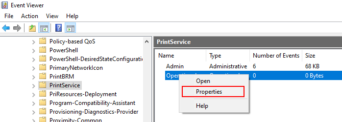 Dalam kategori PrintServices, klik kanan pengaturan Operasional, lalu klik Properties