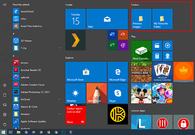 Grup ubin yang disematkan di menu Mulai Windows 10.