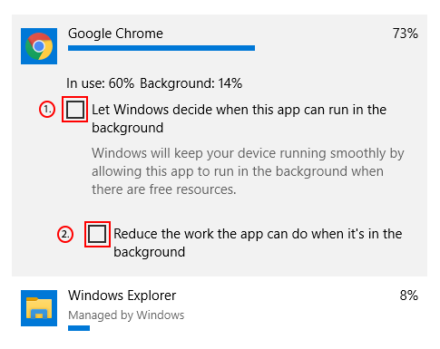 Hapus centang pada kotak "Biarkan Windows Memutuskan Kapan Kegunaan Ini Dapat Berjalan Di Latar Belakang" dan "Kurangi Pekerjaan yang Dapat Dilakukan Kegunaan Saat Berada di Latar Belakang".
