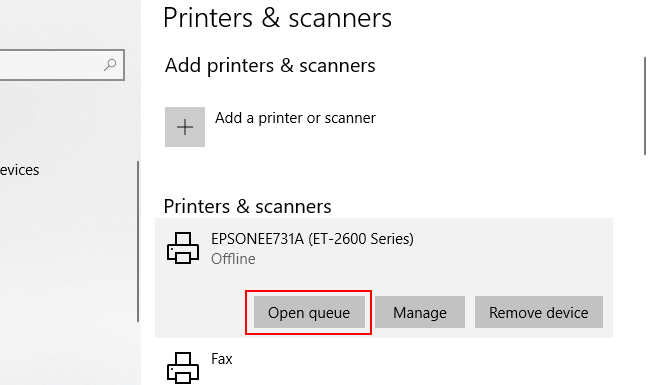 Klik pada printer Anda dan klik Open Queue untuk membuka antrian printer