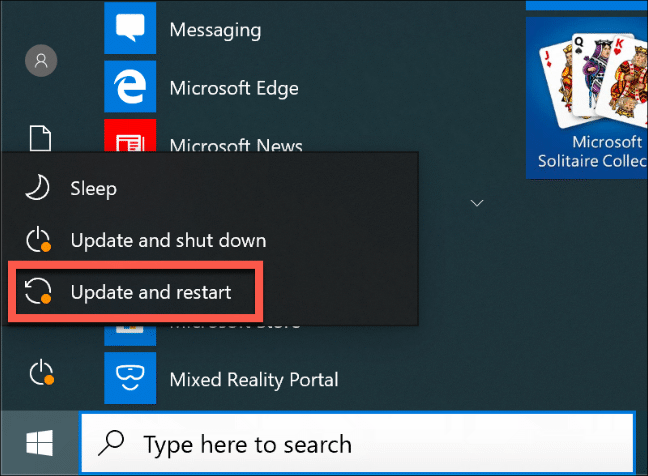 Opsi "Perbarui dan Mulai Ulang" di menu Mulai Windows 10. 