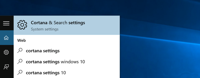 Opsi pengaturan Cortana & Pencarian di menu Mulai Windows 10