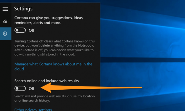 Opsi untuk menonaktifkan hasil pencarian web di versi asli Windows 10