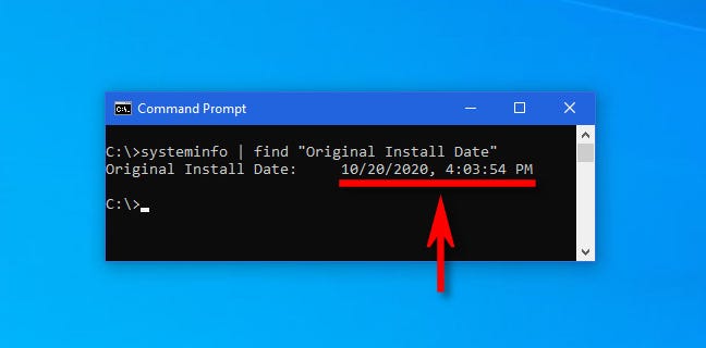 Ketik perintah "systeminfo" ke dalam prompt perintah Windows untuk mendapatkan tanggal pemasangan pembaruan utama terbaru.