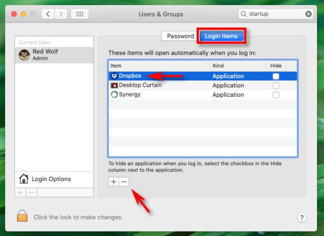 Di "Item Masuk," pilih "Dropbox" dari daftar dan klik tombol "minus" di Mac.