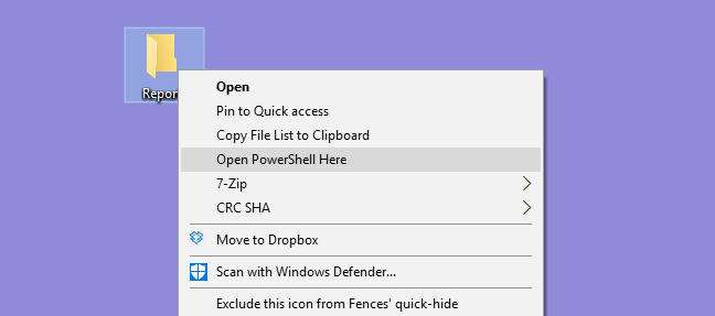 Opsi "Buka PowerShell Di Sini" di menu konteks.