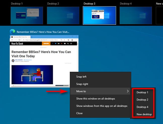 Di Tampilan Tugas di Windows 10, klik kanan pada gambar mini jendela dan pilih "Pindahkan ke."