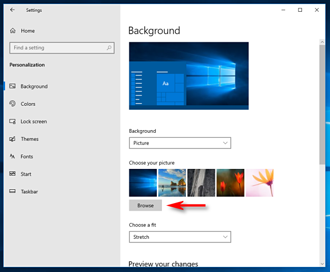 Klik Browse untuk memilih wallpaper desktop di Windows 10