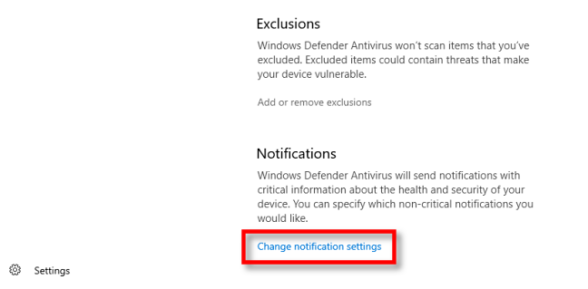 Klik pengaturan pemberitahuan Perubahan Windows Security pada Windows 10