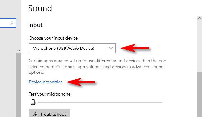 Di Pengaturan Windows 10, pilih mikrofon lalu pilih "Properti perangkat."