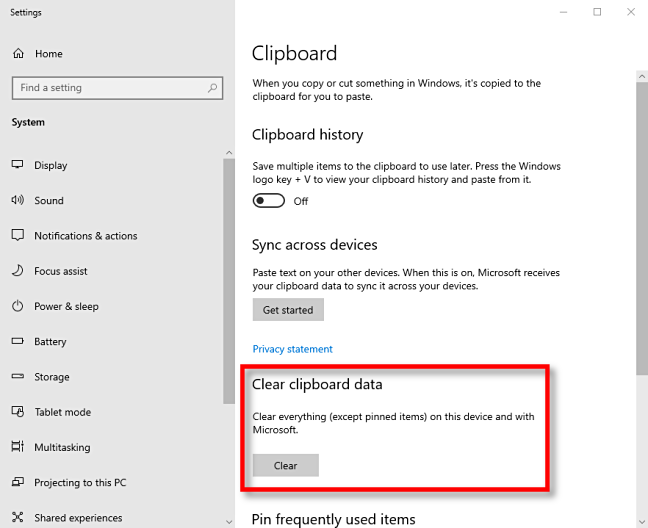 Klik Clear untuk menghapus data clipboard di Windows 10