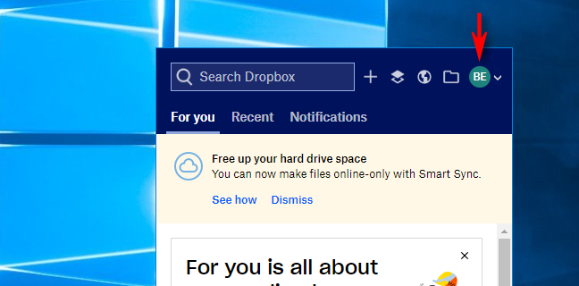 Klik Avatar di Dropbox di Windows 10