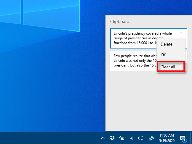 Klik hapus semua di riwayat Clipboard di Windows 10