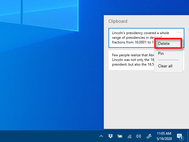 Klik Hapus di riwayat Clipboard di Windows 10