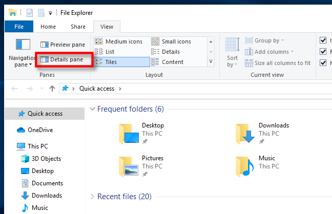 Klik Detail Pane di Windows 10 File Explorer