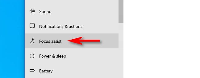 Di Pengaturan Windows, klik "Bantuan fokus" di bilah sisi Sistem.