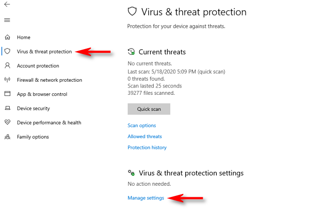 Klik kelola pengaturan di Keamanan Windows di Windows 10