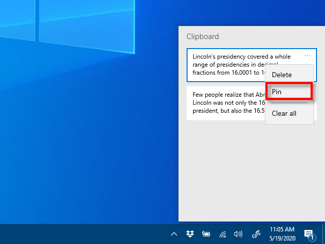 Klik "Sematkan" di riwayat Clipboard di Windows 10.