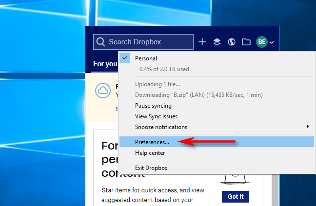 Klik Preferensi di Dropbox untuk Windows