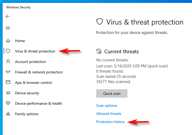 Klik Riwayat perlindungan di Keamanan Windows di Windows 10