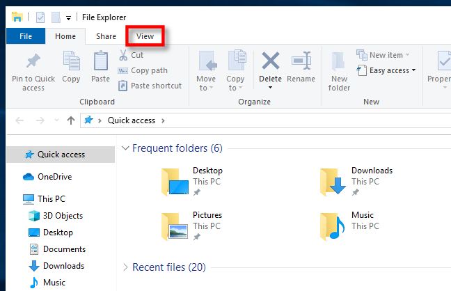 Klik Lihat di Windows 10 File Explorer