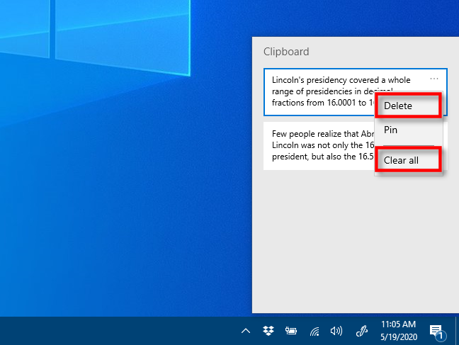 Klik Hapus atau Hapus semua di riwayat Clipboard untuk menghapus item di Windows 10