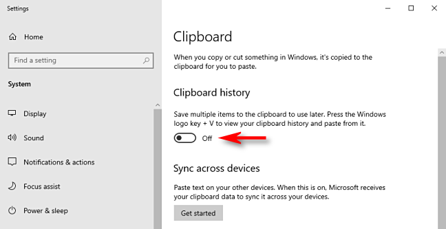 Klik pada Clipboard History Switch di Pengaturan Sistem Windows 10 untuk mematikannya