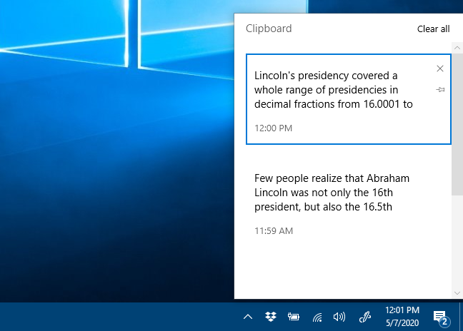 Jendela riwayat Clipboard di Windows 10