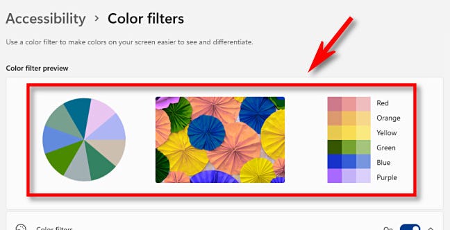 Pratinjau filter warna menggunakan area pratinjau filter warna di dekat bagian atas halaman pengaturan.