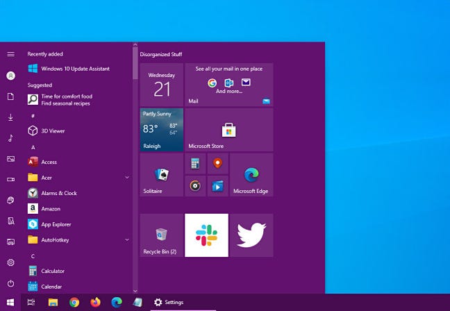 Menu Start Windows 10 dengan warna aksen ditambahkan.