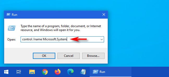 Ketik "kontrol / nama Microsoft.System" di jendela "Jalankan".