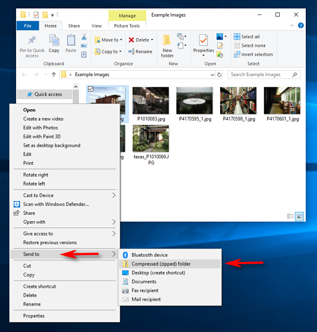 Klik "Kirim ke," lalu pilih "Folder Zip Terkompresi" di Windows 10.